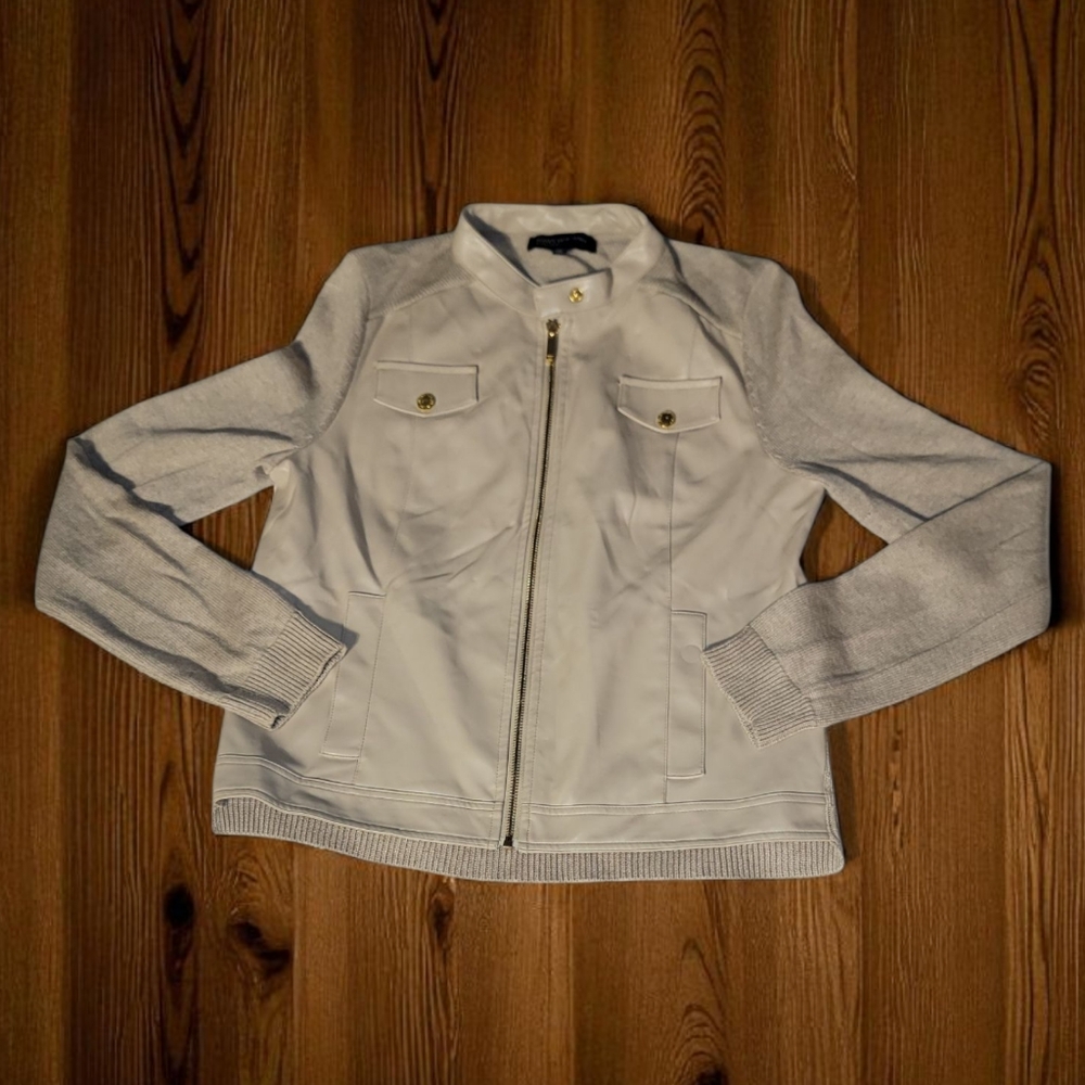 (LIKE NEW)Jones New York Faux Leather Womens Tan Sweater Jacket. MEDIUM